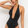 Oh Polly Tops^Premium Jersey Plunge Neck Bodysuit in Black
