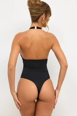 Oh Polly Tops^Premium Jersey Plunge Neck Bodysuit in Black