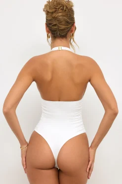 Oh Polly Tops^Premium Jersey Plunge Neck Bodysuit in White