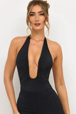 Oh Polly Tops^Premium Jersey Plunge Neck Bodysuit in Black