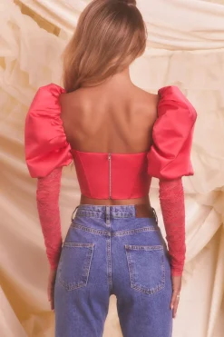 Oh Polly Women'S Clothing Sale - $65 And Under | Women'S Clothing Sale - $40 And Under^Puff Sleeve Satin Lace Crop Top in Hot Pink