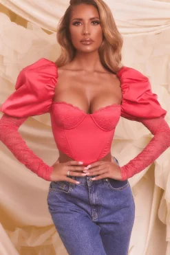Oh Polly Women'S Clothing Sale - $65 And Under | Women'S Clothing Sale - $40 And Under^Puff Sleeve Satin Lace Crop Top in Hot Pink