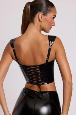 Oh Polly Tops^Push Up Vinyl Corset in Black