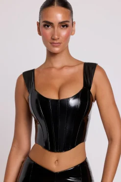 Oh Polly Tops^Push Up Vinyl Corset in Black