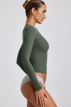 Oh Polly Tops | Elevated Essentials^Ribbed Modal Crew Neck Top in Khaki Green