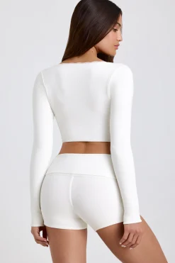 Oh Polly Tops^Ribbed Modal Lace-Trim Crop Top in White