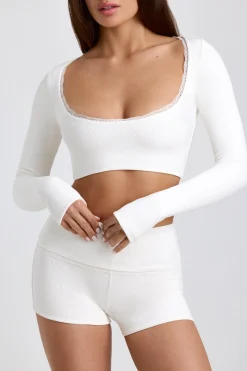 Oh Polly Tops^Ribbed Modal Lace-Trim Crop Top in White