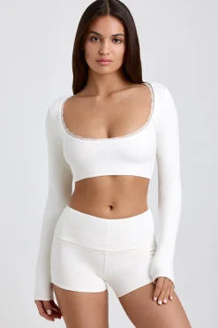 Oh Polly Tops^Ribbed Modal Lace-Trim Crop Top in White