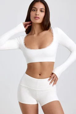 Oh Polly Tops^Ribbed Modal Lace-Trim Crop Top in White