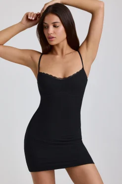 Oh Polly Women'S Clothing Sale - $65 And Under | Women'S Clothing Sale - $40 And Under^Ribbed Modal Lace-Trim Mini Dress in Black