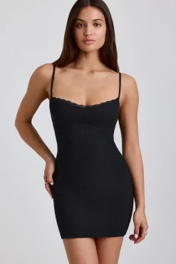 Oh Polly Women'S Clothing Sale - $65 And Under | Women'S Clothing Sale - $40 And Under^Ribbed Modal Lace-Trim Mini Dress in Black