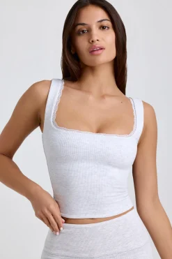 Oh Polly Co-Ords | Tops^Ribbed Modal Lace-Trim Tank Top in Grey