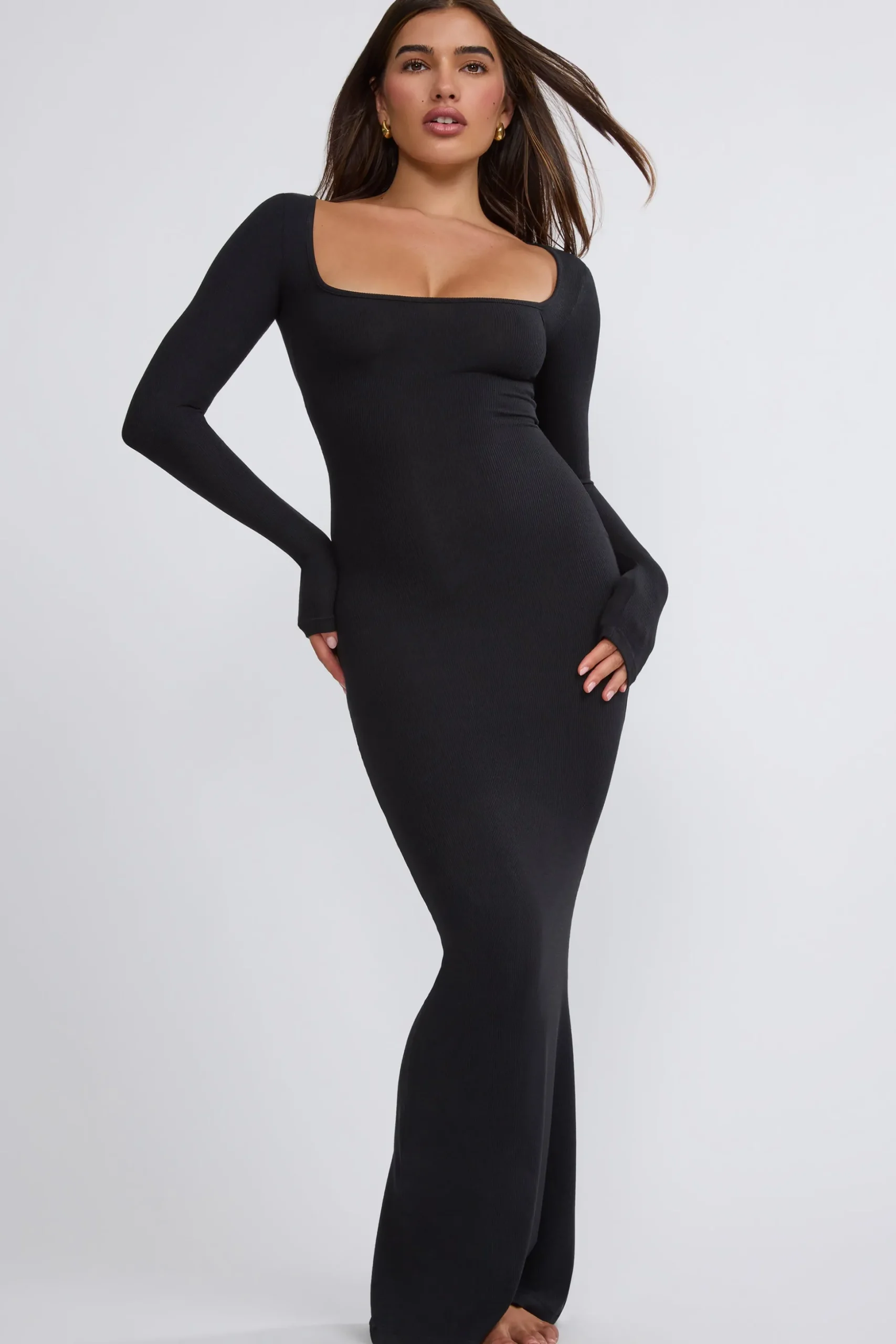 Oh Polly Tencel™ Modal Dresses^Ribbed Modal Long Sleeve Maxi Dress in Black