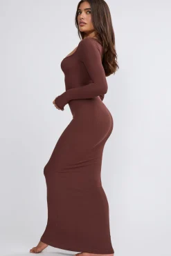 Oh Polly Tencel™ Modal Dresses^Ribbed Modal Long Sleeve Maxi Dress in Chocolate