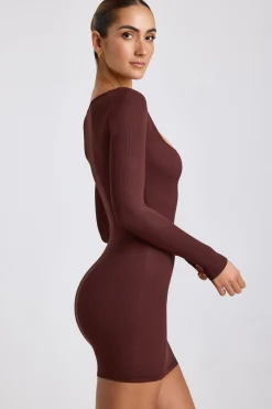 Oh Polly Women'S Clothing Sale - $65 And Under | Women'S Clothing Sale - $40 And Under^Ribbed Modal Long Sleeve Mini Dress in Chocolate
