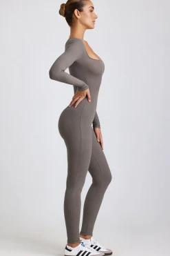 Oh Polly Jumpsuits & Unitards | Elevated Essentials^Ribbed Modal Long Sleeve Jumpsuit in Grey