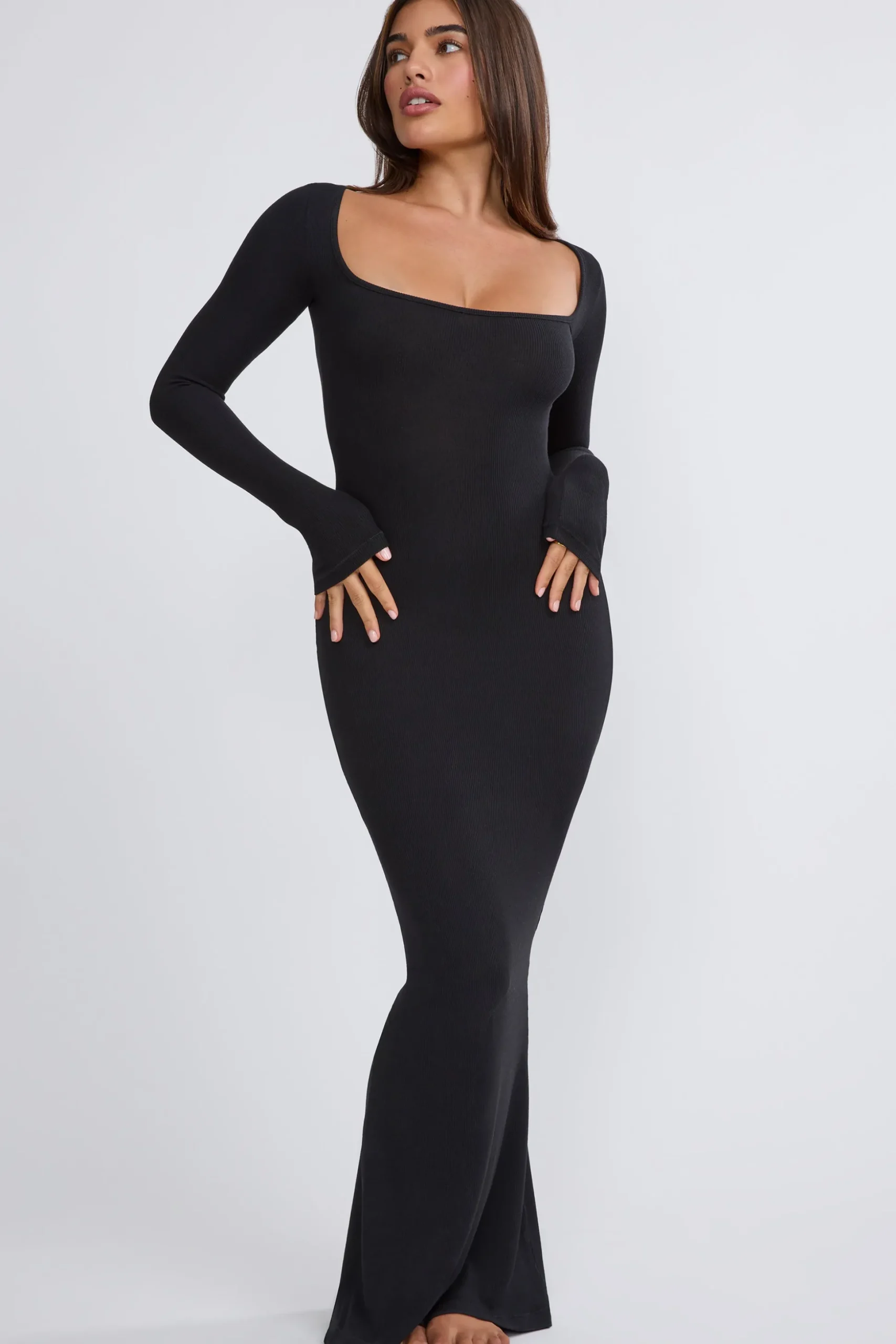 Oh Polly Tencel™ Modal Dresses^Ribbed Modal Long Sleeve Maxi Dress in Black