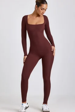 Oh Polly Jumpsuits & Unitards | Elevated Essentials^Ribbed Modal Long Sleeve Jumpsuit in Espresso