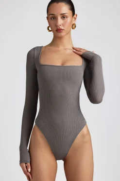 Oh Polly Tops | Fall Outfits^Ribbed Modal Long Sleeve Bodysuit in Grey