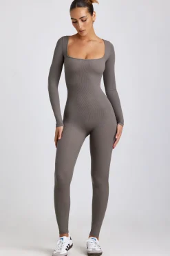 Oh Polly Jumpsuits & Unitards | Elevated Essentials^Ribbed Modal Long Sleeve Jumpsuit in Grey