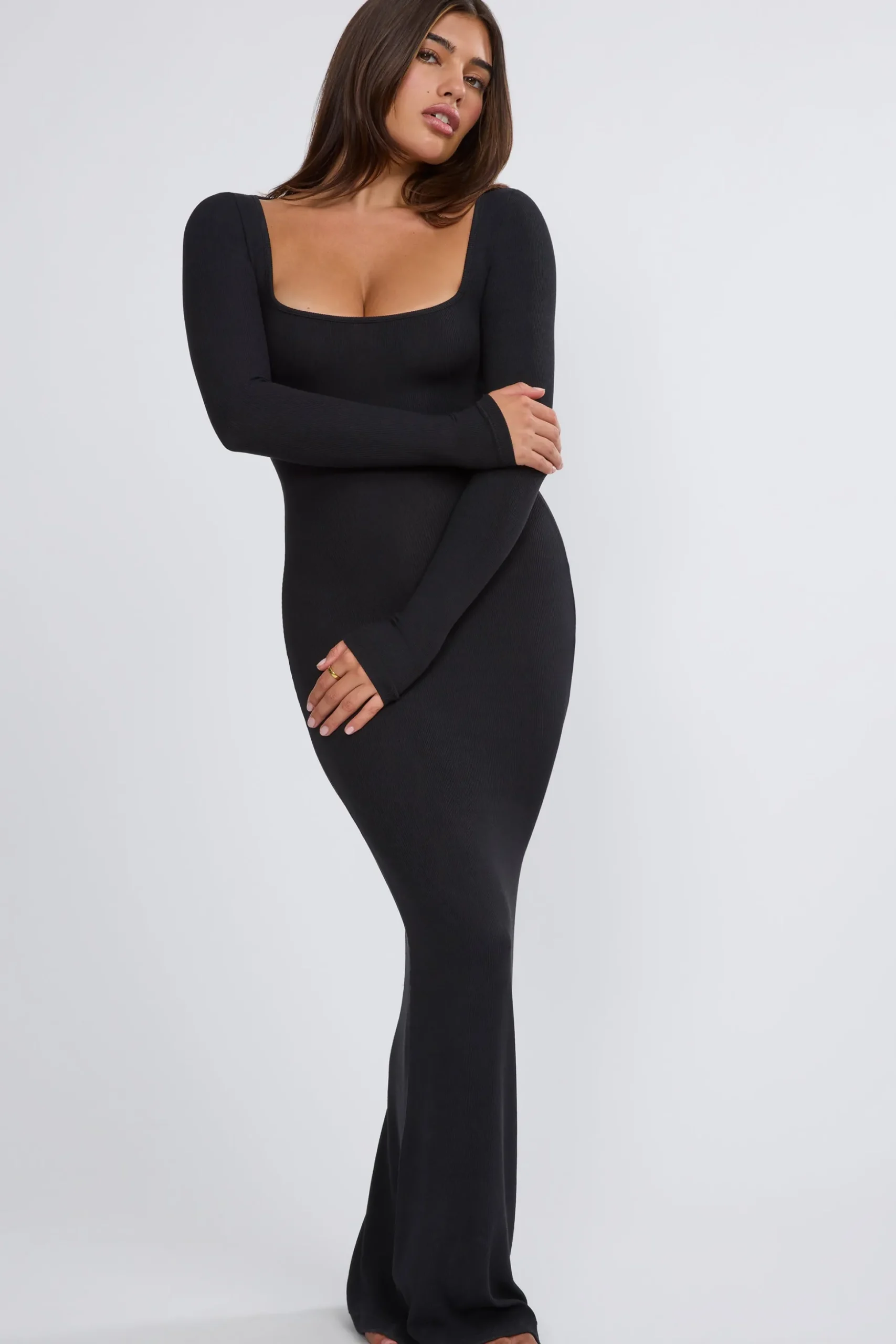 Oh Polly Tencel™ Modal Dresses^Ribbed Modal Long Sleeve Maxi Dress in Black