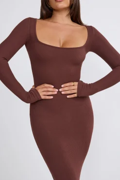 Oh Polly Tencel™ Modal Dresses^Ribbed Modal Long Sleeve Maxi Dress in Chocolate