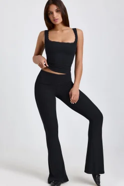 Oh Polly Bottoms | Co-Ords^Ribbed Modal Mid-Rise Foldover Flared Trousers in Black