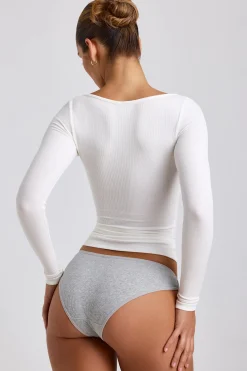 Oh Polly Tops^Ribbed Modal Square Neck Long Sleeve Top in White