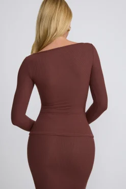 Oh Polly Co-Ords | Tops^Ribbed Modal Square Neck Long Sleeve Top in Chocolate