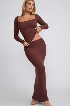 Oh Polly Co-Ords | Tops^Ribbed Modal Square Neck Long Sleeve Top in Chocolate