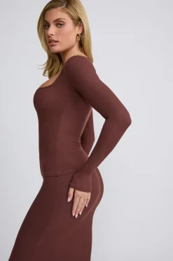 Oh Polly Co-Ords | Tops^Ribbed Modal Square Neck Long Sleeve Top in Chocolate