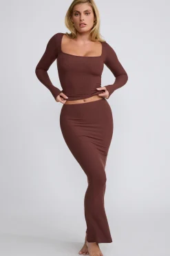 Oh Polly Co-Ords | Tops^Ribbed Modal Square Neck Long Sleeve Top in Chocolate