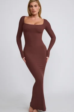 Oh Polly Co-Ords | Tops^Ribbed Modal Square Neck Long Sleeve Top in Chocolate