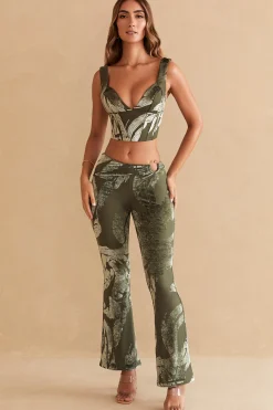 Oh Polly Women'S Clothing Sale - $65 And Under | Women'S Clothing Sale - $40 And Under^Ring Detail Bootleg Trousers in Olive Print OlivePrint