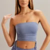 Oh Polly Tops^Ruched Bandeau Crop Top in Blue