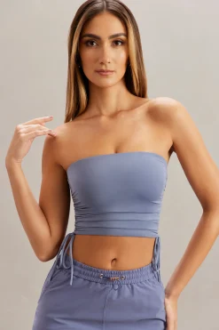 Oh Polly Tops^Ruched Bandeau Crop Top in Blue