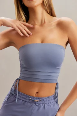 Oh Polly Tops^Ruched Bandeau Crop Top in Blue