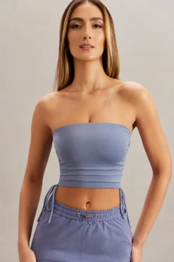 Oh Polly Tops^Ruched Bandeau Crop Top in Blue