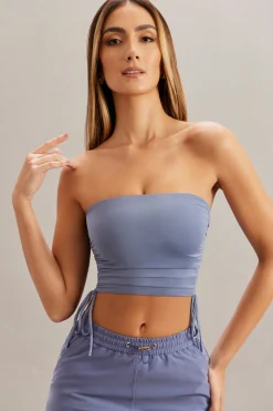 Oh Polly Tops^Ruched Bandeau Crop Top in Blue