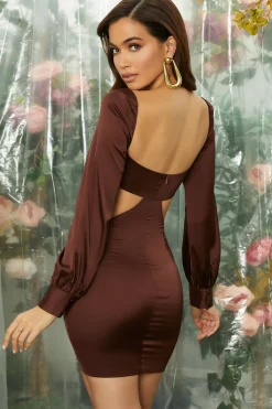 Oh Polly Women'S Clothing Sale - $65 And Under | Women'S Clothing Sale - $40 And Under^Ruched Bust Cut Out Long Sleeve Mini Dress in Brown