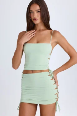Oh Polly Night Out^Ruched Cut-Out Mini Skirt in Green