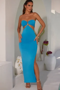 Oh Polly Tencel™ Modal Dresses^Ruched Hardware Detail Bandeau Floor Length Dress in Blue