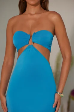 Oh Polly Tencel™ Modal Dresses^Ruched Hardware Detail Bandeau Floor Length Dress in Blue