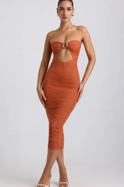 Oh Polly Mesh Dresses^Ruched Hardware Detail Strapless Midaxi Dress in Burnt Orange BurntOrange