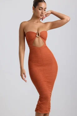 Oh Polly Mesh Dresses^Ruched Hardware Detail Strapless Midaxi Dress in Burnt Orange BurntOrange