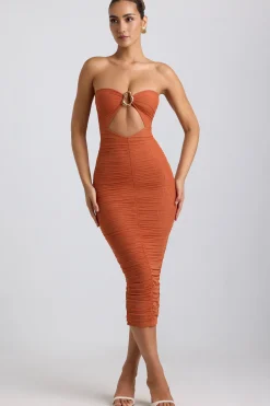 Oh Polly Mesh Dresses^Ruched Hardware Detail Strapless Midaxi Dress in Burnt Orange BurntOrange