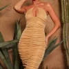 Oh Polly Women'S Clothing Sale - $65 And Under | Women'S Clothing Sale - $40 And Under^Ruched Keyhole Midi Dress in Gold