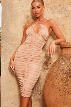 Oh Polly Night Out^Ruched Keyhole Midi Dress in Rose Gold RoseGold