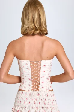 Oh Polly Tops^Ruched Lace-Up Corset Top in Small Rose Print SmallRosePrint