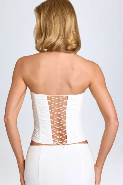 Oh Polly Tops^Ruched Lace-Up Corset Top in White